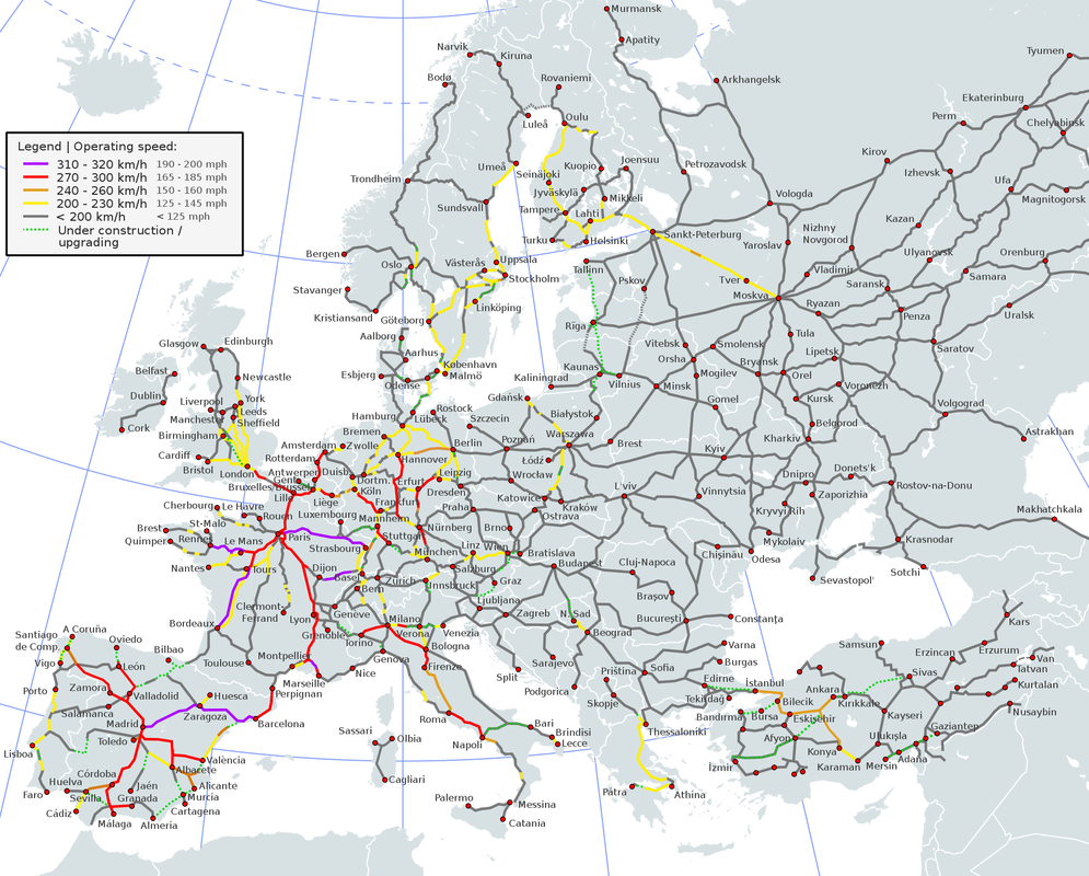 Operational high-speed rain lines in Europe (Source: Wikipedia).